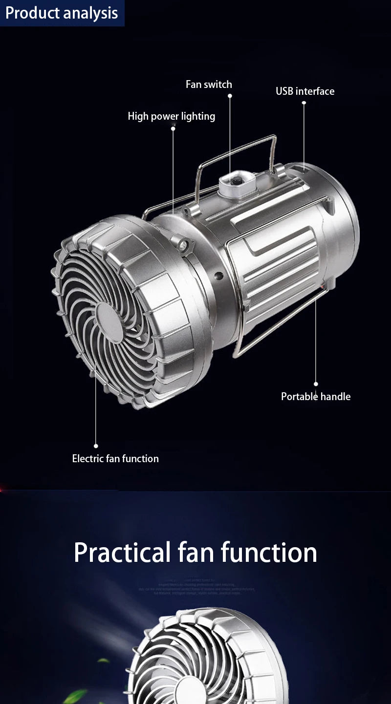 Solar fan lamp, portable, telescopic, with extendable switch and lithium battery and emergency light.