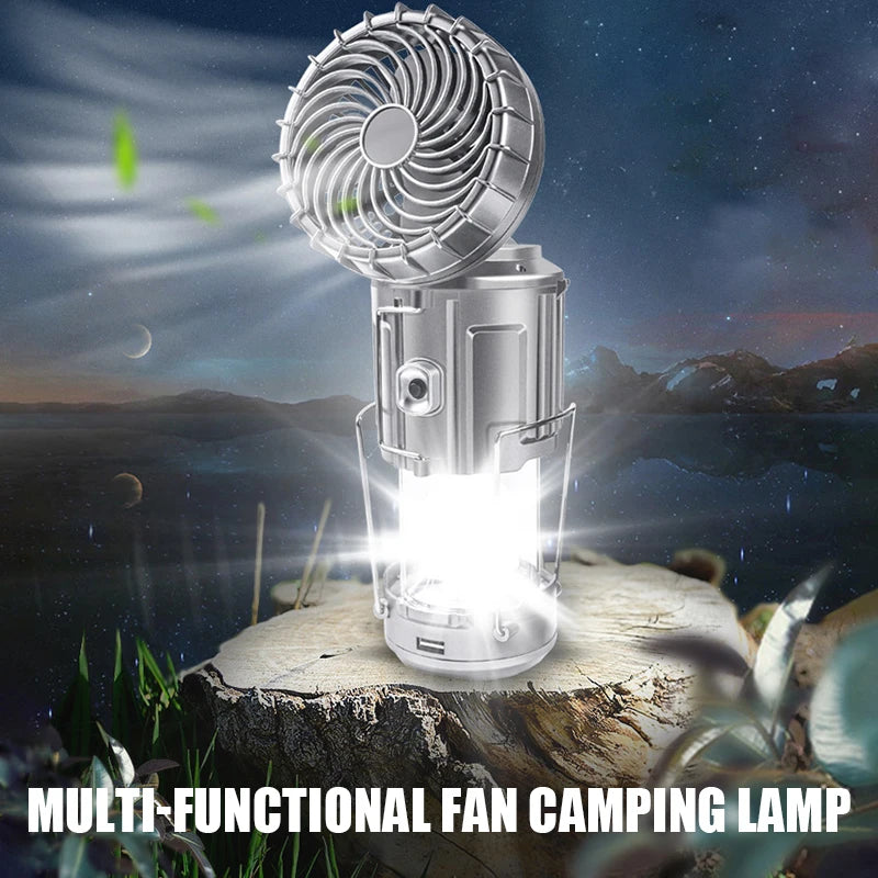 Solar fan lamp, portable, telescopic, with extendable switch and lithium battery and emergency light.