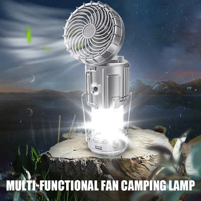Solar fan lamp, portable, telescopic, with extendable switch and lithium battery and emergency light.