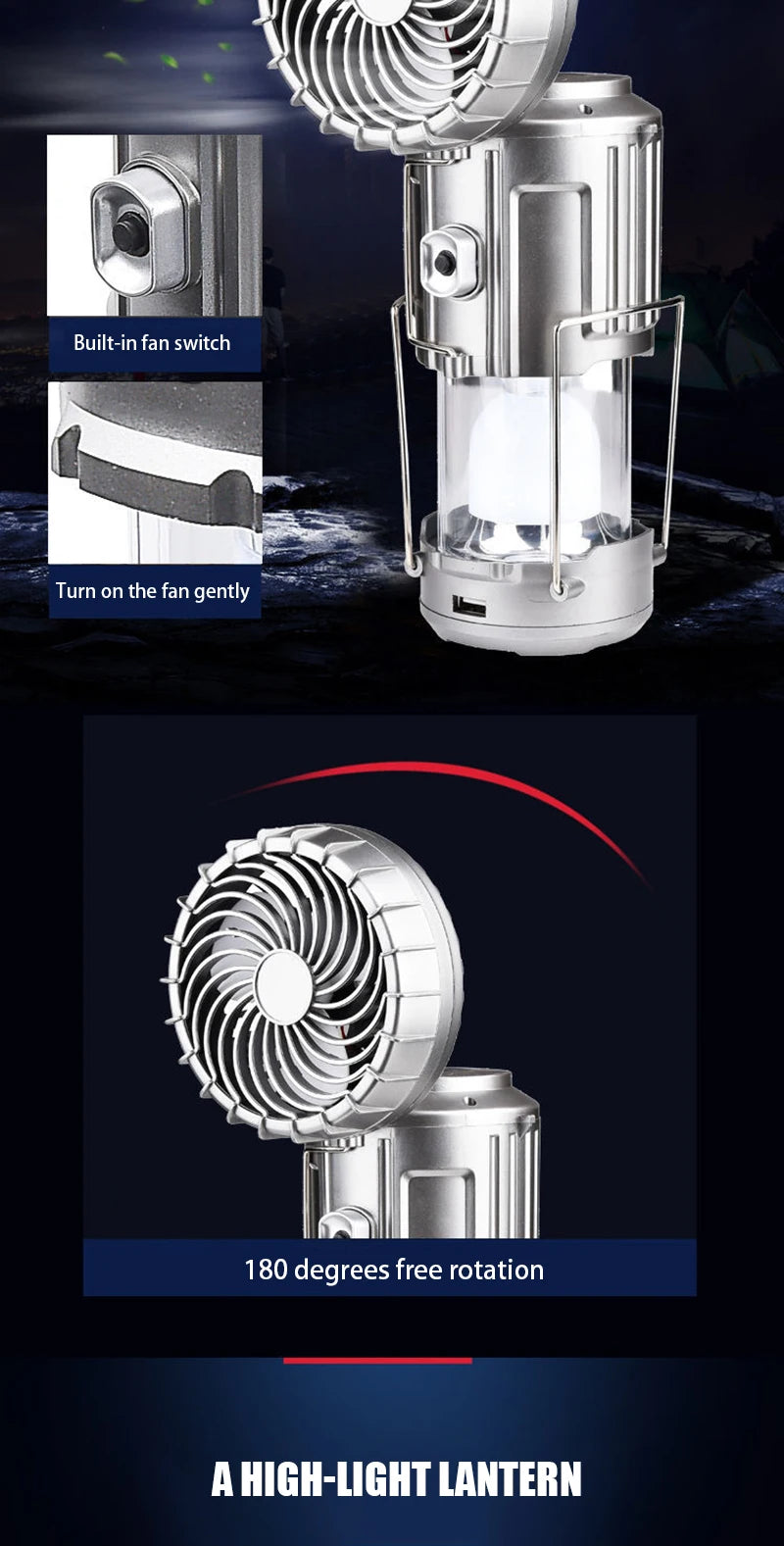 Solar fan lamp, portable, telescopic, with extendable switch and lithium battery and emergency light.