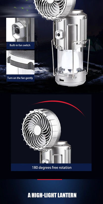 Solar fan lamp, portable, telescopic, with extendable switch and lithium battery and emergency light.