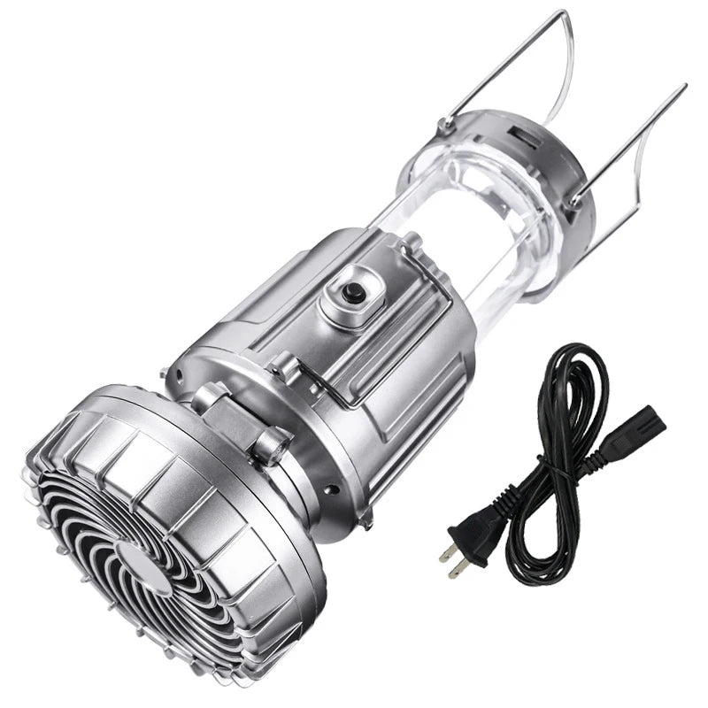 Solar fan lamp, portable, telescopic, with extendable switch and lithium battery and emergency light.