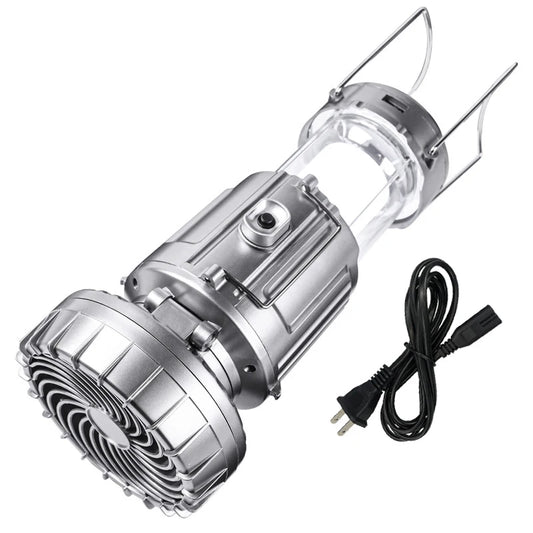 Solar fan lamp, portable, telescopic, with extendable switch and lithium battery and emergency light.