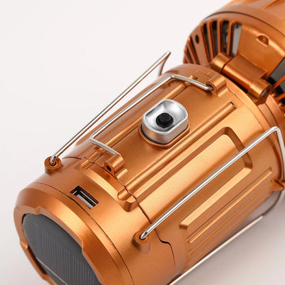 Solar fan lamp, portable, telescopic, with extendable switch and lithium battery and emergency light.
