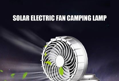 Solar fan lamp, portable, telescopic, with extendable switch and lithium battery and emergency light.