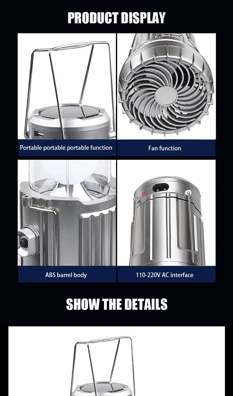 Solar fan lamp, portable, telescopic, with extendable switch and lithium battery and emergency light.