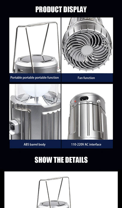 Solar fan lamp, portable, telescopic, with extendable switch and lithium battery and emergency light.