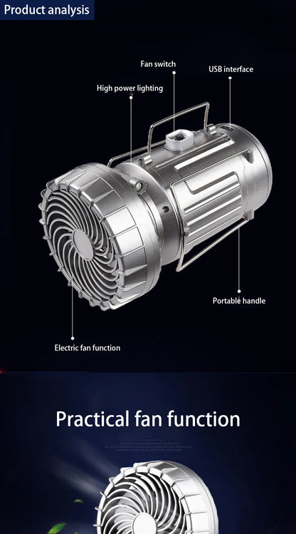 Solar fan lamp, portable, telescopic, with extendable switch and lithium battery and emergency light.