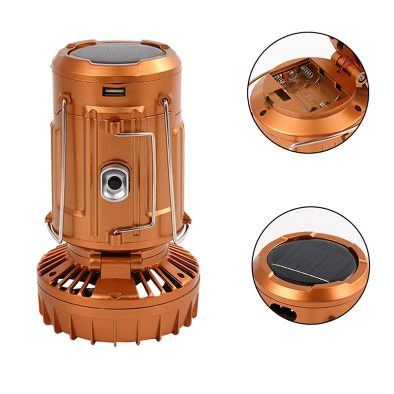 Solar fan lamp, portable, telescopic, with extendable switch and lithium battery and emergency light.