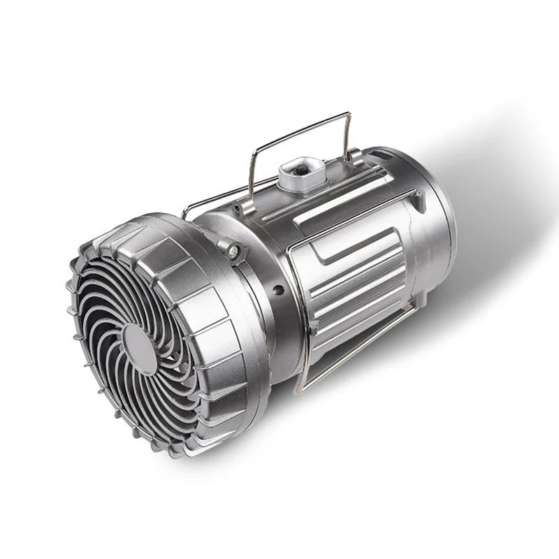 Solar fan lamp, portable, telescopic, with extendable switch and lithium battery and emergency light.