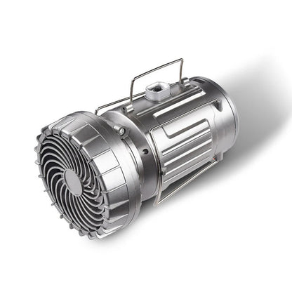 Solar fan lamp, portable, telescopic, with extendable switch and lithium battery and emergency light.