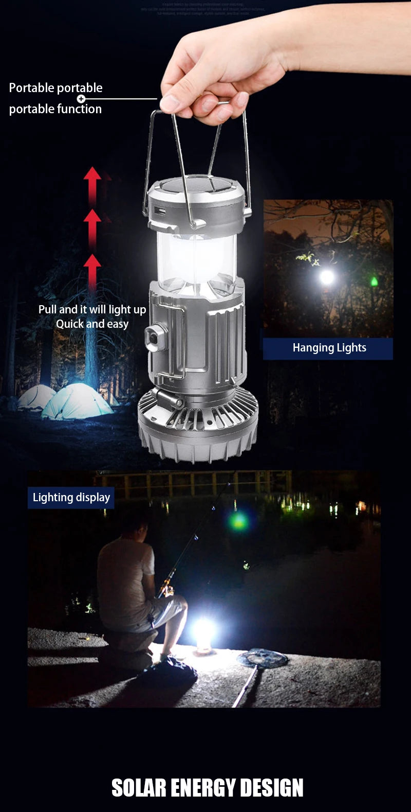 Solar fan lamp, portable, telescopic, with extendable switch and lithium battery and emergency light.