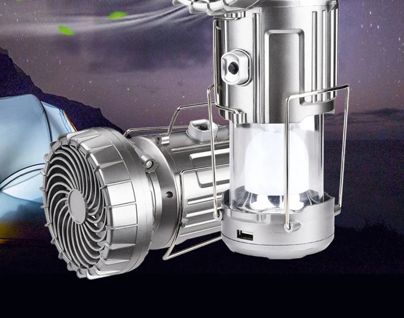 Solar fan lamp, portable, telescopic, with extendable switch and lithium battery and emergency light.