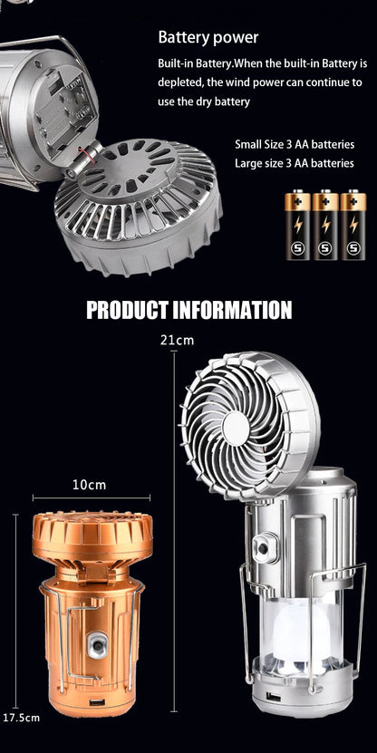 Solar fan lamp, portable, telescopic, with extendable switch and lithium battery and emergency light.